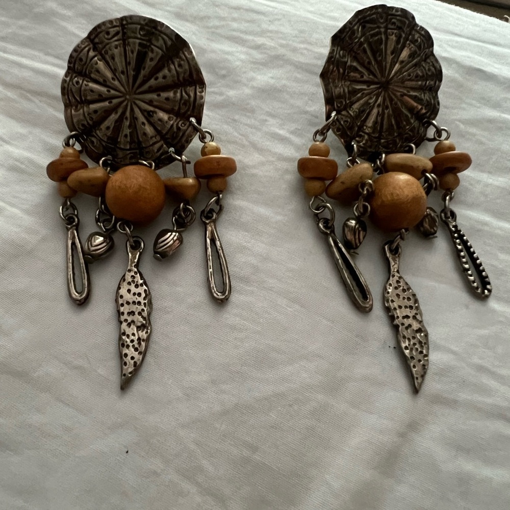 Bohemian Brown and Silver Dangle Earrings with Feather Charms